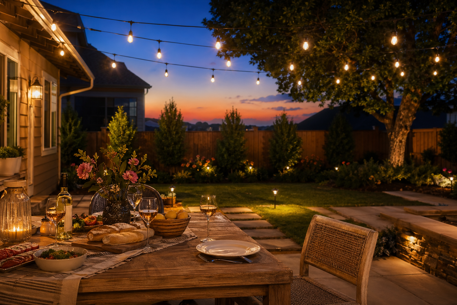 Backyard patio at dusk with string lights and outdoor dining setup